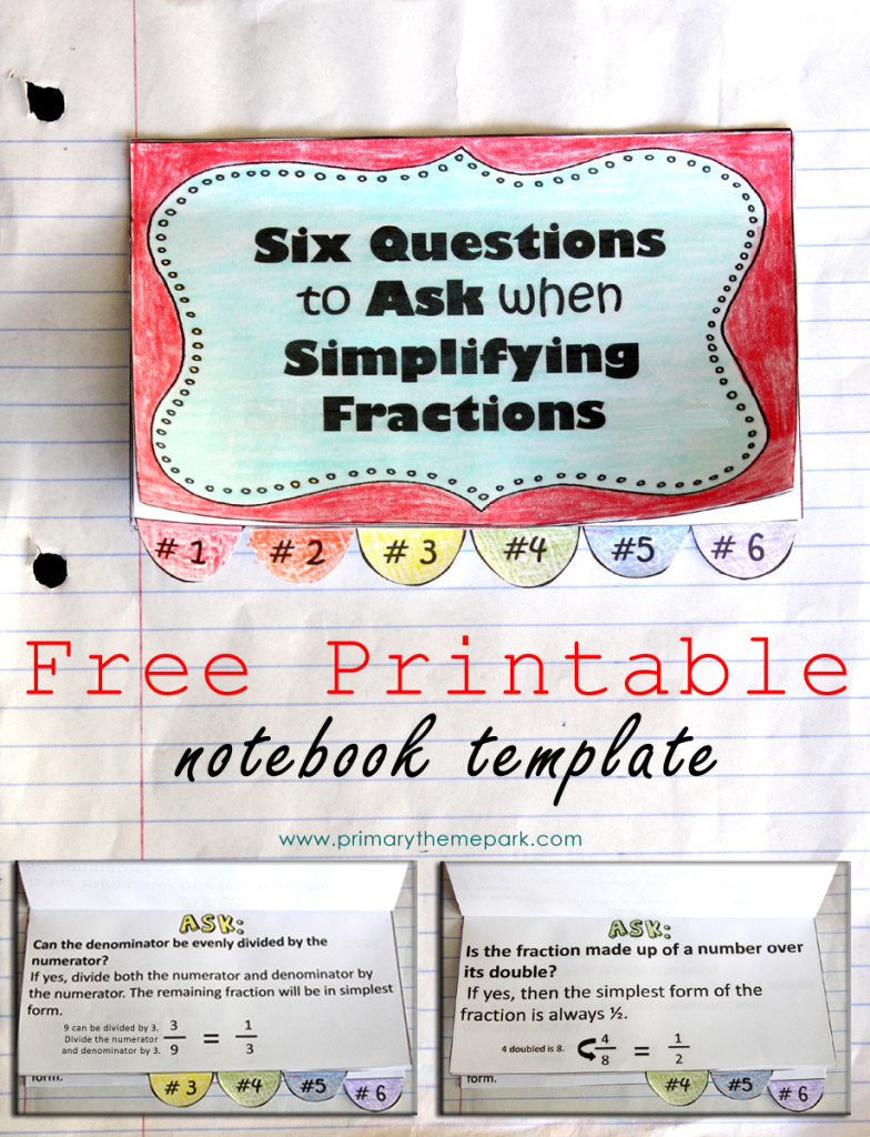 Simplifying Fractions Notebook Template Printable and Worksheet