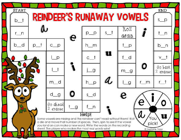 Christmas Reading Game Printable: "Reindeer's Runaway Vowels"
