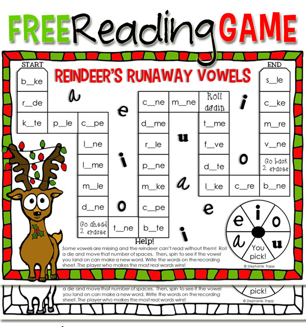 Free Christmas Reading Game Printable for CVC and CVCe Words