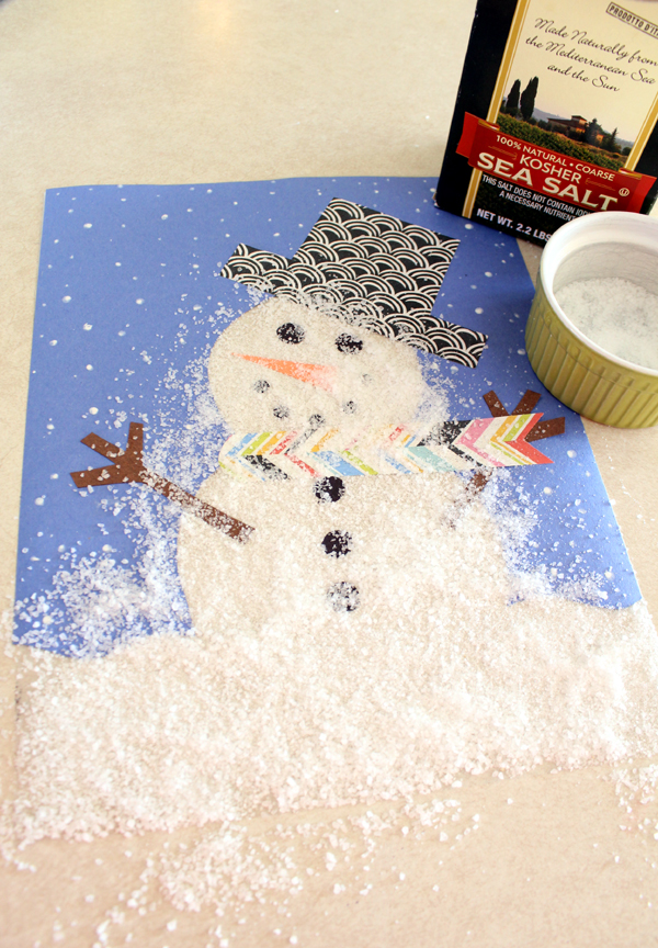 Snowman craft: Textured snowman made from kosher sea salt looks just like a real snowman!